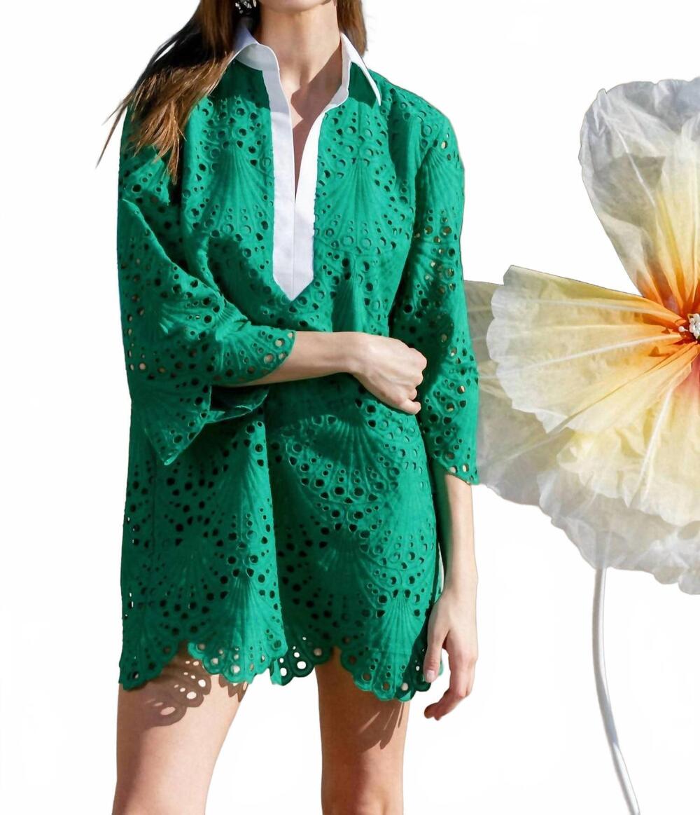 NEW LALAVON embroidery mini shirt dress in green